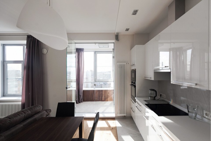 Curtains in the kitchen-living room in high-tech style