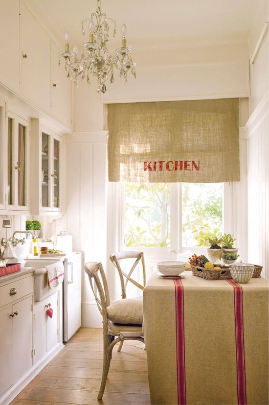 Linen curtains and textiles in the kitchen in the style of Provence