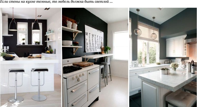 Dark walls-light furniture in a small kitchen