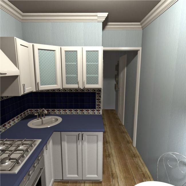 Design a little blue kitchen in a nautical style.