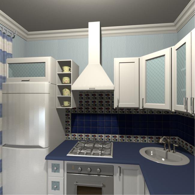 Design a little blue kitchen in a nautical style.