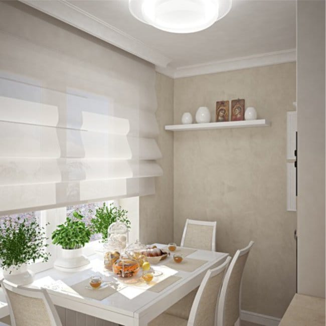 Design project of a white small kitchen in modern style