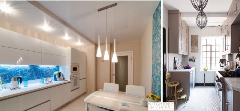 Plasterboard ceiling in the kitchen with niches and ledges