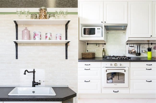 The interior of a small kitchen with a window in the wall - working area