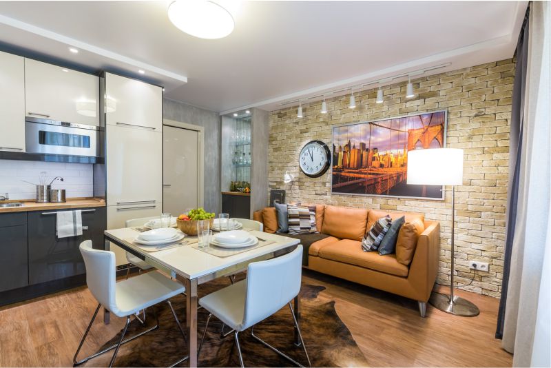 Leather sofa in the interior of the kitchen