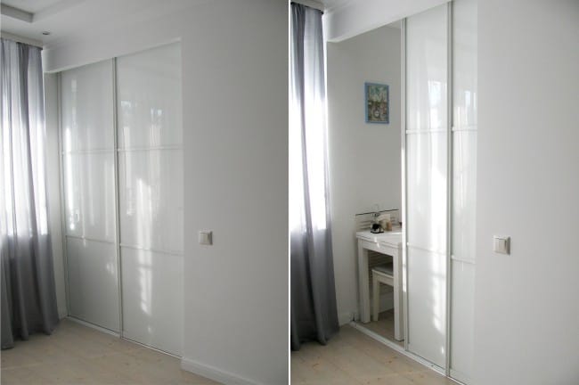 Cuisine 5,7 m² avec porte coulissante - Portes Lakobel sur les guides du type de garde-robe