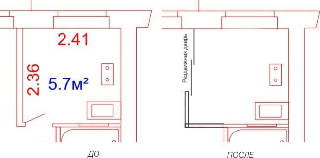 Kuchyně 5.7 m2 M. S posuvnými dveřmi - kuchyňský plán před a po opravě