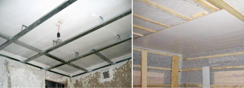 Installation of plastic panels on the ceiling - frames from metal profiles and wooden bars