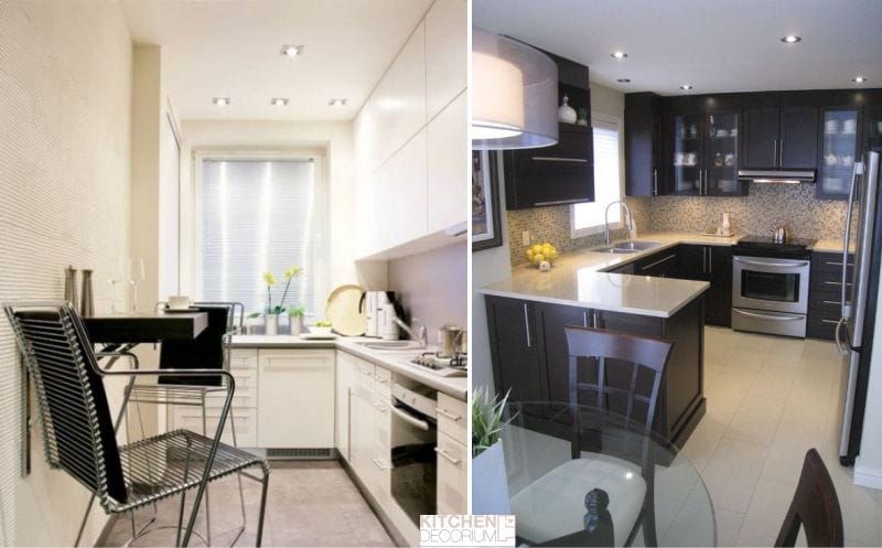 Single-level plasterboard ceiling in the interior of a small kitchen