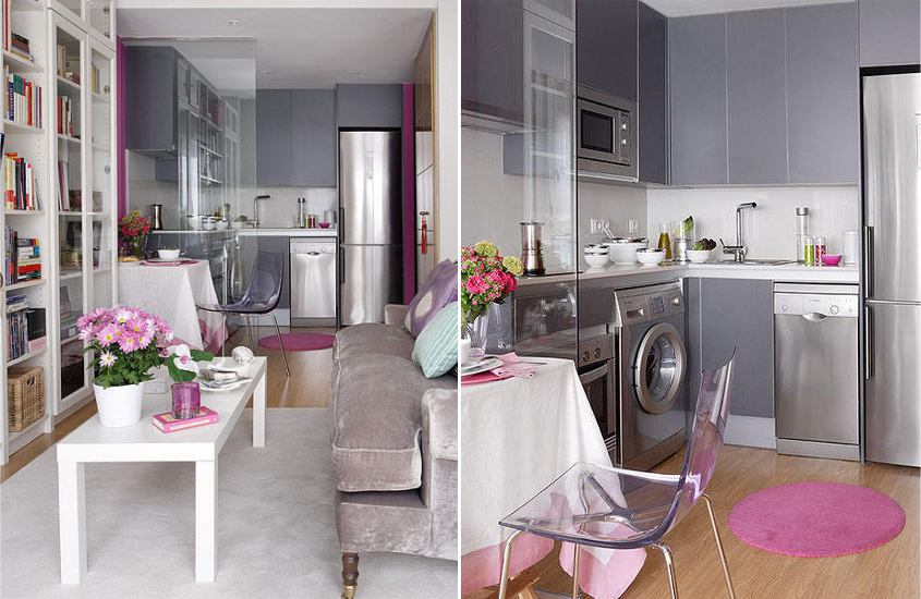 Cuisine grise avec des accents violet et rose