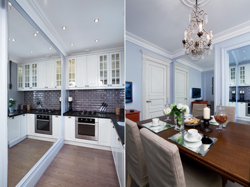 Blue-gray walls in the interior of a small kitchen-dining room