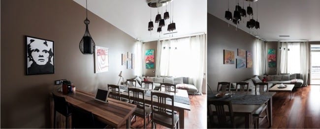 White curtains on the grommet in the interior of the kitchen-living room