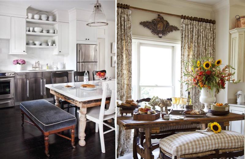 Wooden table in the interior of a classic kitchen