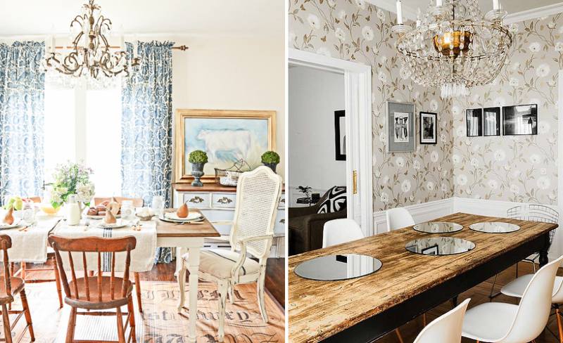 Wooden table in the interior of a classic dining room