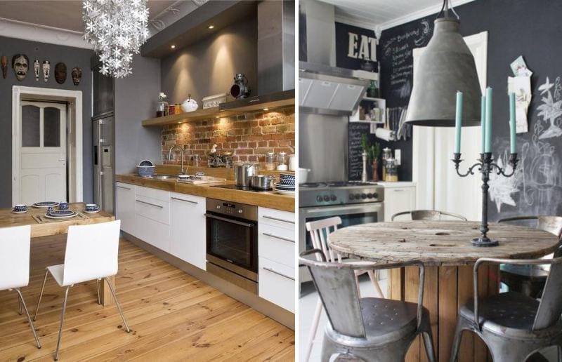 Wooden table in the interior of the kitchen in the loft style