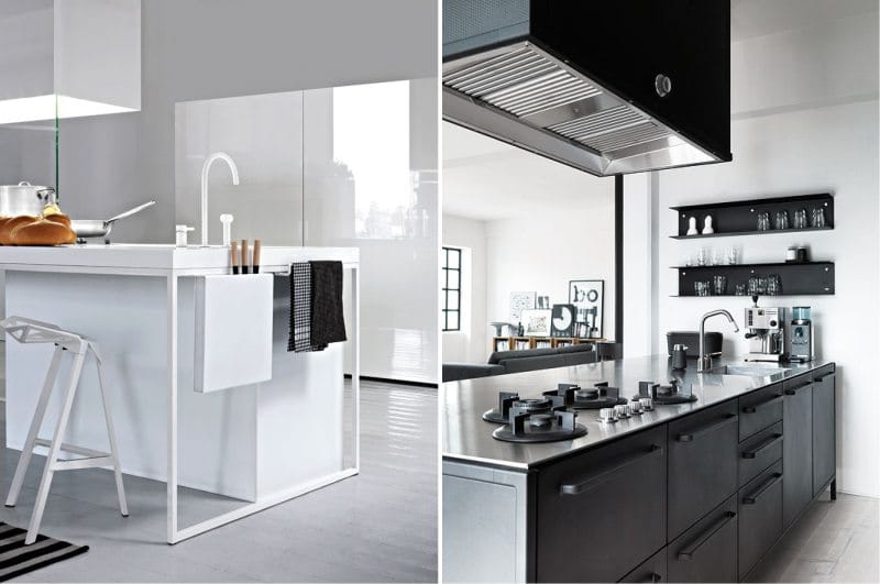 Kitchen design with an island in the style of minimalism and high-tech