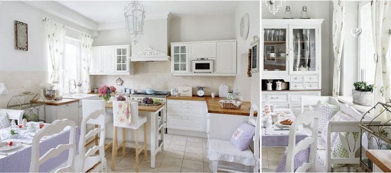 Short curtains to the window sill in the interior of the kitchen in the style of Provence