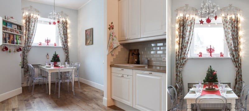 Short curtains in the interior of the kitchen in the style of Provence