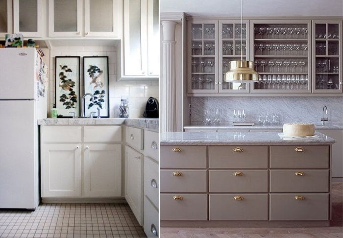 Marble worktop in the interior of white and gray classic kitchen