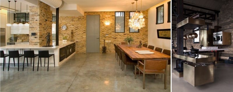 Bulk floor in the interior of the kitchen in the style of loft and industrial