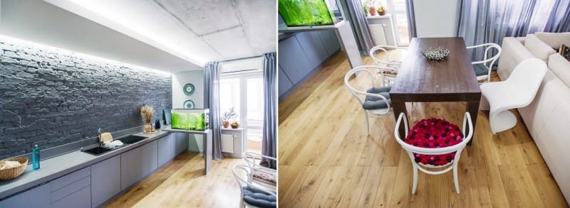 Oak parquet board in the kitchen interior