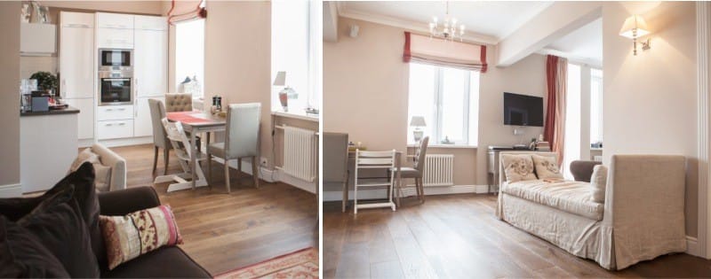 Oak parquet board in the kitchen-living room interior