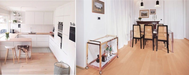 Beech wood flooring in the kitchen interior