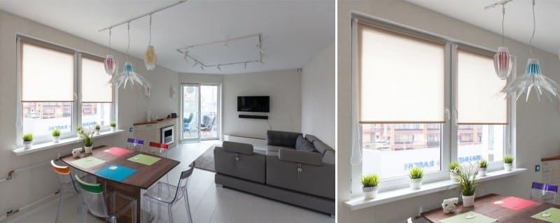 Sheer curtains in the interior of the kitchen in the Scandinavian style