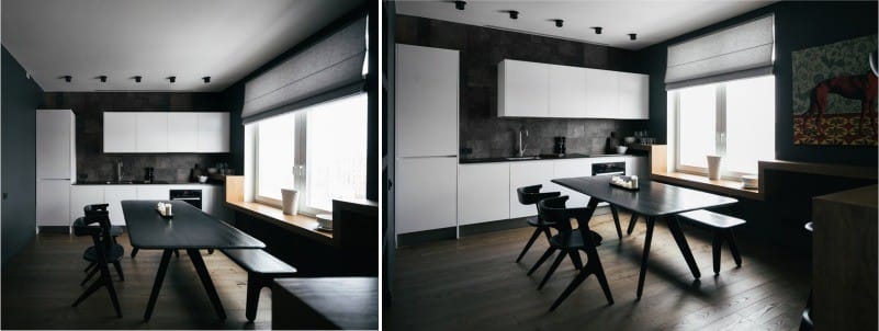 Roman curtains in the interior of the kitchen in the style of minimalism