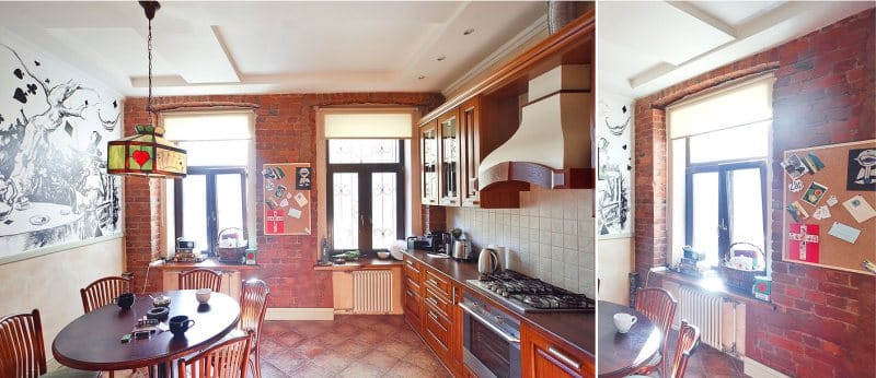 Roller blinds in an eclectic kitchen interior