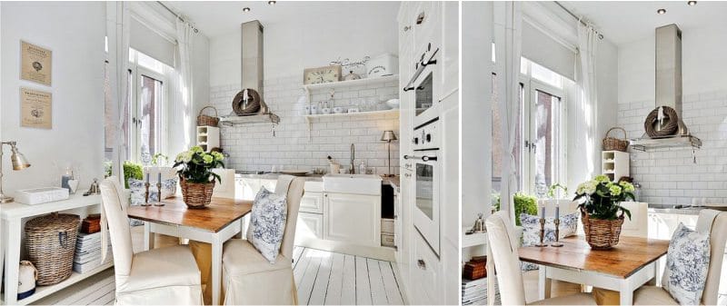 Rolled curtains in the interior of the kitchen in the style of Provence