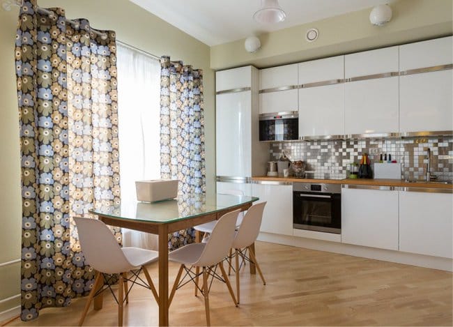 Eyelet Curtains in Scandinavian Style Kitchen Interior