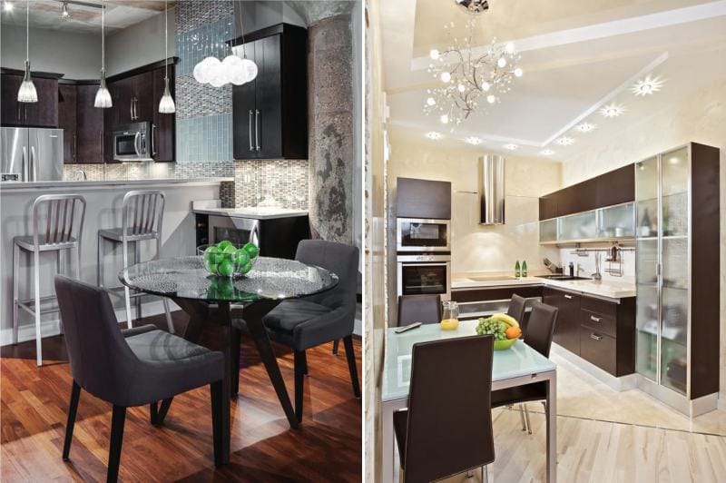 Glass table in the kitchen interior - rectangular and round