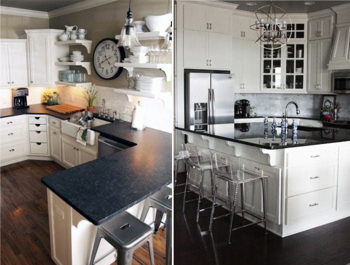 Black granite countertop in kitchen interior