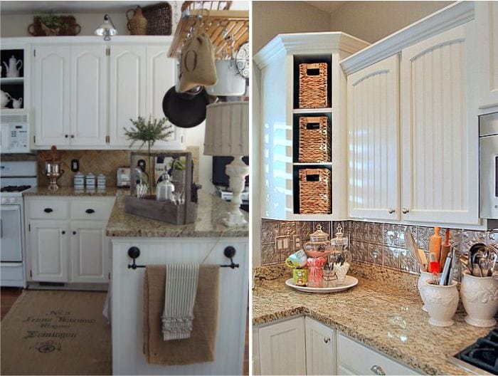 Granite countertop in the interior of white kitchen in country style