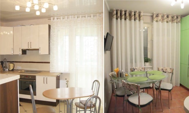 Tulle on grommets in the interior of a small kitchen