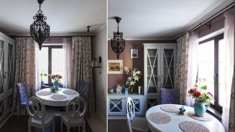 Tulle with curtains in the interior of the kitchen in the style of Provence