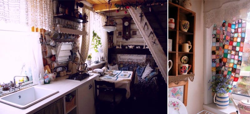 Knitted curtains in the interior of the kitchen