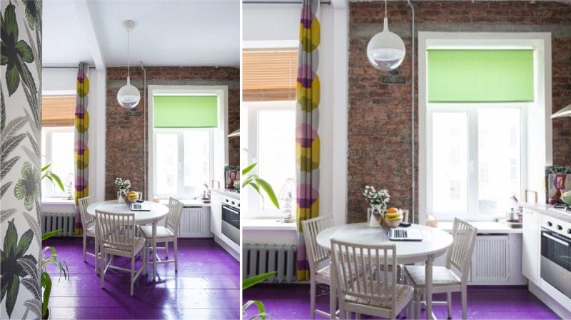 Green curtains in the interior of the kitchen-living room