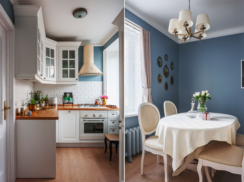 White kitchen with blue walls