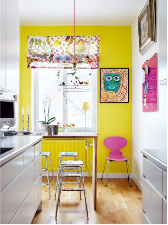 White kitchen with a yellow wall