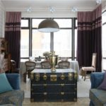 Purple curtains in the dining room interior