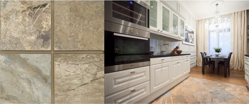 Porcelain stoneware in the interior of a classic kitchen