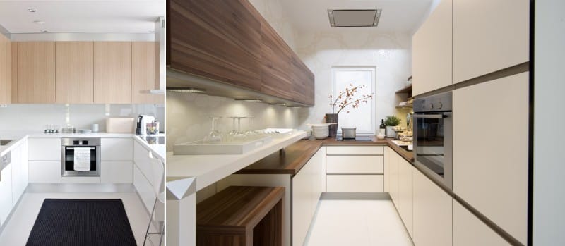 The combination of wood and plastic in the design of kitchen furniture in the style of minimalism