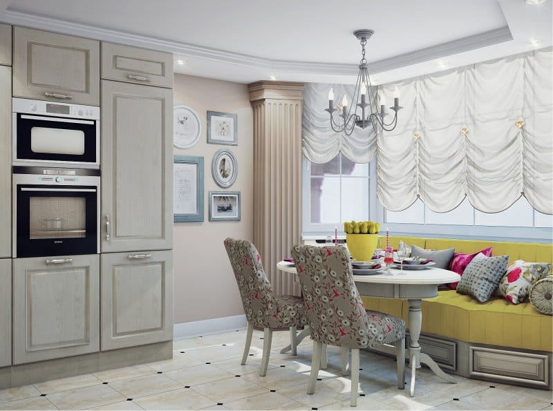 Kitchen with a bay window in a typical house P-44T in a classic style