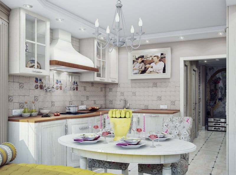 Kitchen with a bay window in a typical house P-44T in a classic style