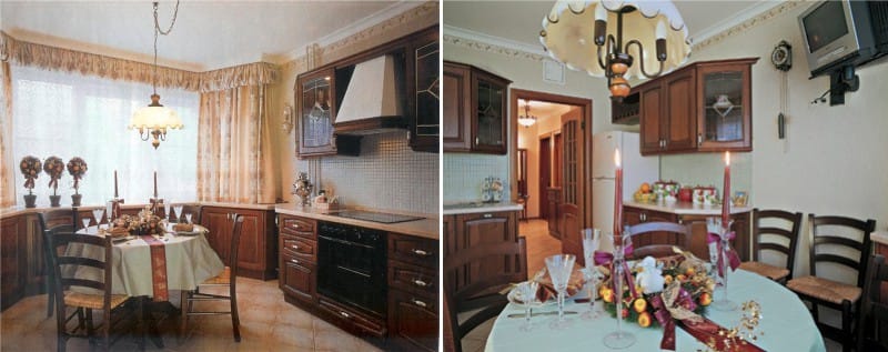 Kitchen with cabinets under the trapezoidal bay window in the house of the series П-44Т