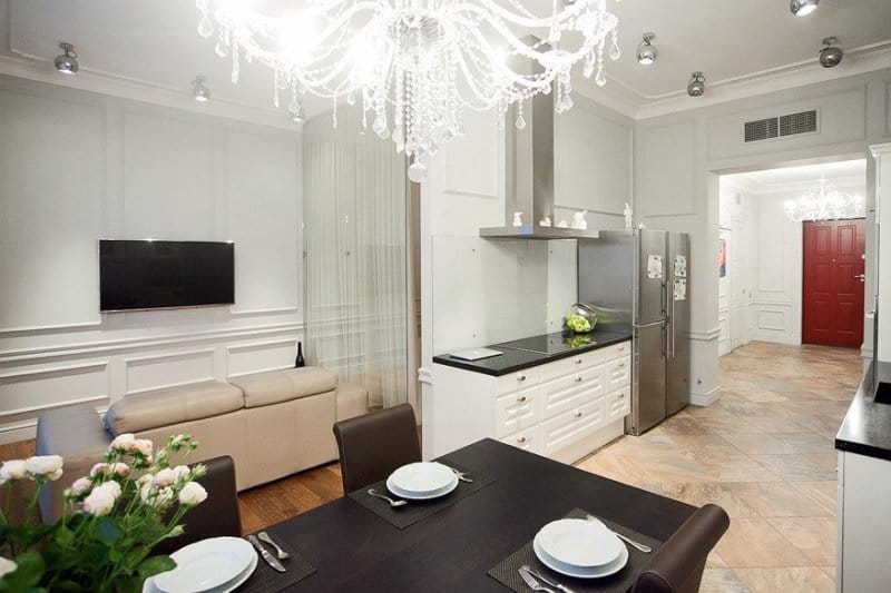 Moldings in the white classic kitchen interior