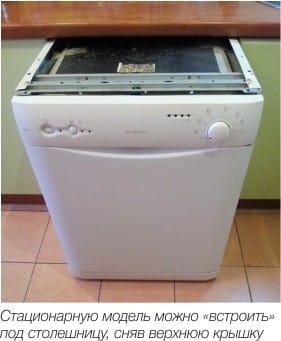 Freestanding dishwasher with cover removed, for partial embedding