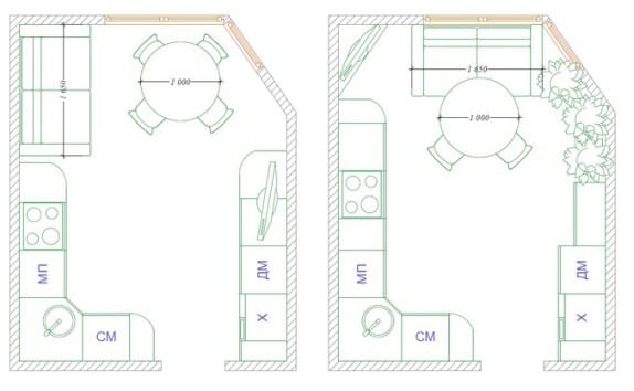 Pelan dapur dengan kabinet separa kuasa dan sofa